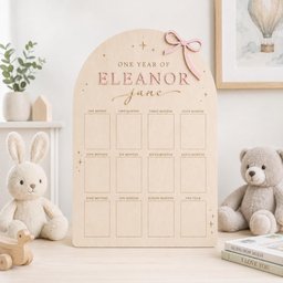May include: An arched light wood milestone board featuring the text "ONE YEAR OF ELEANOR JANE" with a pink bow accent. The board includes twelve rectangular sections labeled from one month to one year, decorated with small star icons throughout.