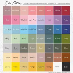 May include: A color chart grid featuring sixty-four distinct color swatches arranged in eight rows and eight columns. Each square contains a color name in white or black text, including shades of pink, blue, green, gray, brown, and yellow.