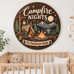 May include: A circular wooden wall sign featuring a layered design with the text Campfire NIGHTS and The Hawthorne Family. The scene depicts a tent, a campfire with marshmallows on sticks, a lantern, pine trees, mountains, and a full moon.