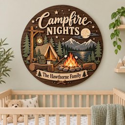 May include: A circular wooden wall sign featuring a layered campfire scene with a tent, a lantern, a campfire with marshmallows, and mountains. The text reads "Campfire NIGHTS" and "The Hawthorne Family" on a banner at the bottom.