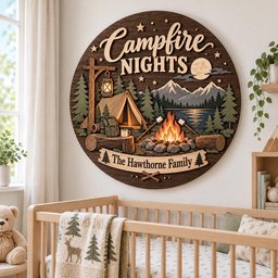 May include: A circular wooden wall sign featuring a layered 3D design of a camping scene with a tent, campfire, pine trees, mountains, and a lantern. The text reads Campfire NIGHTS and The Hawthorne Family, accented with stars and a moon.