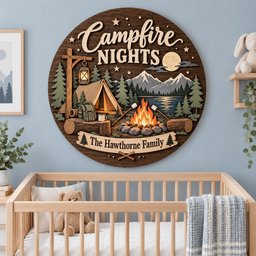 May include: A circular wooden wall sign featuring a layered 3D design of a campsite with a tent, a campfire, pine trees, mountains, and a lantern. The text reads Campfire Nights and The Hawthorne Family. The sign has a dark wood background.