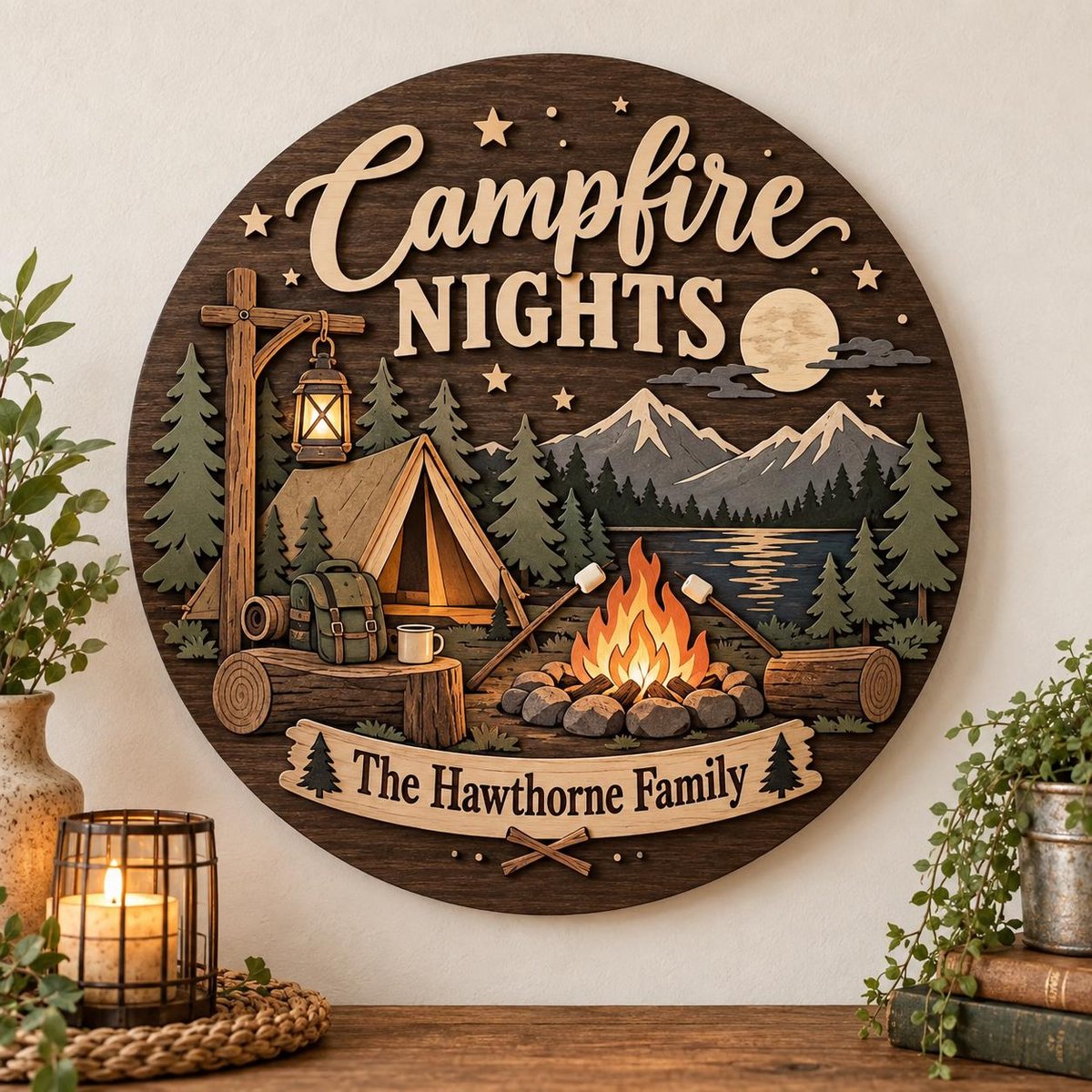 May include: A circular wooden wall sign featuring a layered 3D design of a camping scene with a tent, campfire, mountains, and a lantern. The text reads Campfire NIGHTS and The Hawthorne Family. The scene includes pine trees and a full moon.
