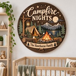 May include: A circular wooden wall sign featuring a layered 3D design of a campsite with a tent, campfire, mountains, and trees. The text reads Campfire NIGHTS and The Hawthorne Family. The scene includes a lantern, backpack, and marshmallows.