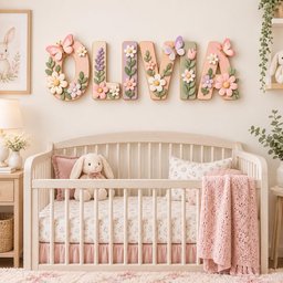 May include: A wall-mounted name sign spelling OLIVIA in large, pastel-colored letters. Each letter is decorated with three-dimensional floral motifs, green leaves, and butterflies in shades of pink, white, lavender, and sage green, mounted above a crib.