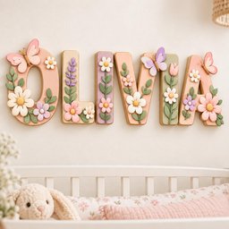 May include: A wall-mounted name sign spelling OLIVIA in three-dimensional block letters. Each letter features pastel-colored floral and butterfly embellishments, including pink, white, and purple flowers, green leaves, and butterflies in pink and purple.