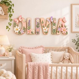 May include: A set of five large, three-dimensional wooden letters spelling the name OLVIA, decorated with pastel-colored floral motifs and butterflies. Each letter features unique arrangements of pink, white, and purple flowers with green leaves.