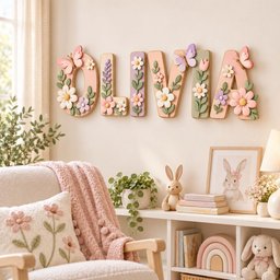 May include: A wall-mounted decorative sign spelling the name OLVIA in large, three-dimensional letters. Each letter is painted in soft pastel tones and adorned with raised floral motifs, green leaves, and small butterflies in shades of pink, purple, and white.