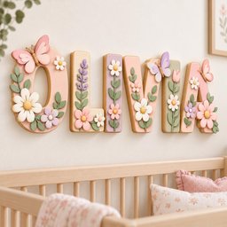 May include: A set of five three-dimensional letters spelling the name OLIVIA, crafted in pastel shades of pink, purple, and green. Each letter is decorated with raised floral motifs, including daisies and tulips, and features small butterfly accents.