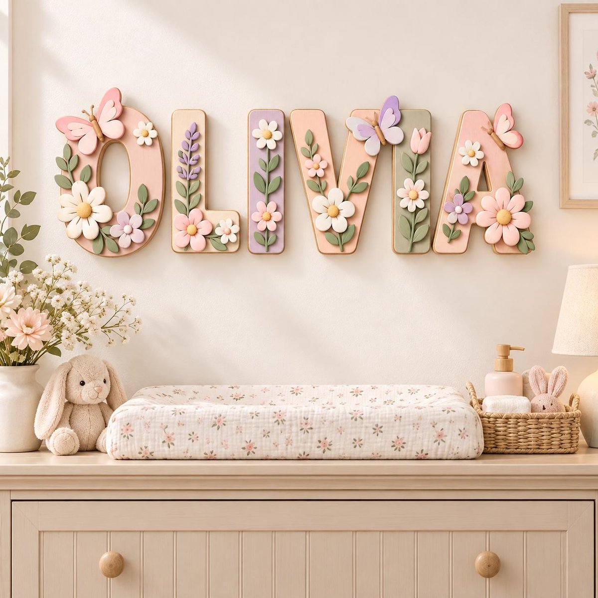 May include: A wall-mounted name sign spelling OLIVIA in large, dimensional letters. Each letter is decorated with pastel-colored 3D floral motifs and butterflies in shades of pink, purple, white, and green, creating a cohesive, layered appearance.