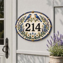 Custom House Number Plaque, Ceramic Address Sign for House, Personalized Bluebird House Plaque, Vintage Outdoor Sign, New Home Gift image 2