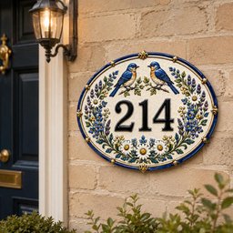 May include: An oval ceramic house number plaque displaying the digits 214 in black. The plaque features a cream-colored background decorated with two blue birds perched on branches, surrounded by a wreath of blue flowers and white daisies.