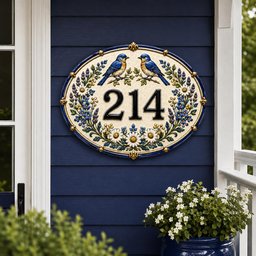 May include: An oval house number plaque featuring the number 214 in black, centered on a cream background. The design includes two bluebirds perched on branches, surrounded by a decorative border of blue flowers, green leaves, and white daisies.