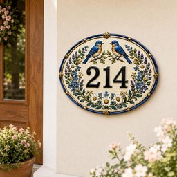 May include: An oval ceramic house number plaque displaying the digits 214 in black. The plaque features two blue birds perched on branches, surrounded by a decorative border of white daisies and blue flowers, framed by a dark blue and gold edge.