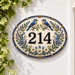 Custom House Number Plaque, Ceramic Address Sign for House, Personalized Bluebird House Plaque, Vintage Outdoor Sign, New Home Gift image 1