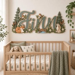 May include: A wooden wall sign featuring the name Finn in large, sage green script lettering. The sign is decorated with 3D cutouts of two pine trees, a sleeping orange fox, a standing rabbit, two small birds, a wooden bridge, and white flowers.