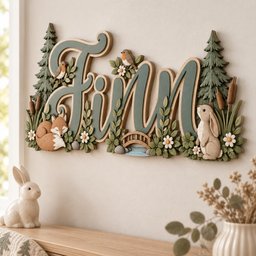 May include: A wall-mounted wooden sign featuring the name Finn in large, dark green cursive letters. The design includes carved pine trees, a sleeping fox, a standing rabbit, small birds, white daisies, and a miniature wooden bridge over water.