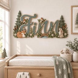 May include: A wall-mounted wooden sign featuring the name Finn in large, sage green script lettering. The sign is decorated with carved forest elements including pine trees, a sleeping fox, a rabbit, two small birds, and a wooden bridge.