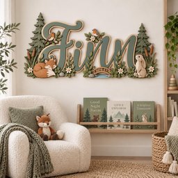 May include: A decorative wooden wall sign featuring the name Finn in large cursive script, surrounded by layered forest elements including pine trees, a sleeping fox, a rabbit, a small bridge, flowers, and two birds in muted green and brown tones.