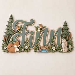 May include: A decorative wooden wall sign featuring the name Finn in large, sage green script letters. The design includes layered cutouts of a sleeping fox, a rabbit, two robins, pine trees, cattails, white daisies, and a small wooden bridge.