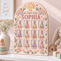 May include: An arched wooden photo frame titled MY FIRST YEAR SOPHIA, featuring twelve rectangular slots for baby photos labeled ONE through TWELVE. The frame is decorated with pastel rainbows, a smiling sun, flowers, and hearts.