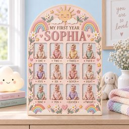 May include: A light pink arched wooden photo frame titled MY FIRST YEAR SOPHIA, featuring twelve rectangular slots labeled ONE through TWELVE. The frame is decorated with a smiling sun, rainbows, daisies, and small hearts in pastel colors.