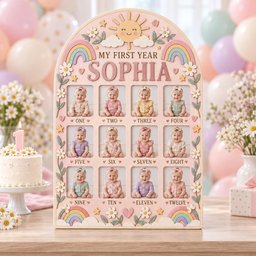 May include: An arched wooden photo frame for a baby's first year, featuring the name SOPHIA, a sun, rainbows, and daisies. It has twelve rectangular slots for monthly photos labeled ONE through TWELVE, decorated in pastel pink, blue, and yellow.