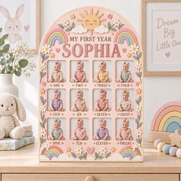May include: A light pink arched wooden photo frame titled MY FIRST YEAR SOPHIA, featuring twelve rectangular slots for monthly baby photos. The frame is decorated with pastel rainbows, a smiling sun, white daisies, and small hearts and stars.
