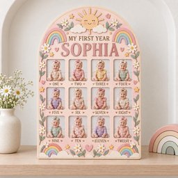 May include: An arched wooden photo frame titled MY FIRST YEAR SOPHIA with twelve rectangular slots for baby photos. The frame features pastel rainbows, flowers, stars, hearts, and a smiling sun. Each slot is labeled with numbers one through twelve.