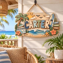 Personalized Beach Name Sign, Custom Wooden Surfboard Wall Decor, Tropical Tiki Bar Sign, Coastal Beach House Decor, Surf Van Summer Gift image 2
