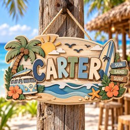 Personalized Beach Name Sign, Custom Wooden Surfboard Wall Decor, Tropical Tiki Bar Sign, Coastal Beach House Decor, Surf Van Summer Gift image 3