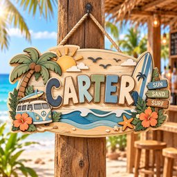 Personalized Beach Name Sign, Custom Wooden Surfboard Wall Decor, Tropical Tiki Bar Sign, Coastal Beach House Decor, Surf Van Summer Gift image 1