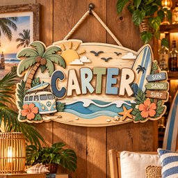 Personalized Beach Name Sign, Custom Wooden Surfboard Wall Decor, Tropical Tiki Bar Sign, Coastal Beach House Decor, Surf Van Summer Gift image 6