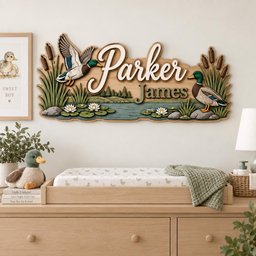 May include: A wooden wall sign featuring the name Parker James in white and dark brown script and block lettering. The design includes two mallard ducks, green reeds, and white water lilies on a pond, set against a backdrop of trees.
