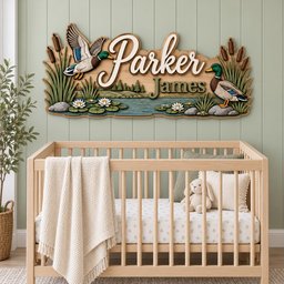 May include: A wooden wall sign featuring the name Parker James in white and dark green lettering. The design includes a flying mallard duck, a standing mallard duck, cattails, and white water lilies on a blue pond with a green forest background.