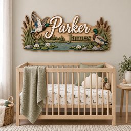 May include: A wooden wall sign featuring the name Parker James in script and block lettering, surrounded by a painted scene of mallard ducks, cattails, and water lilies on a pond. The sign is mounted above a light wood crib with a green blanket.