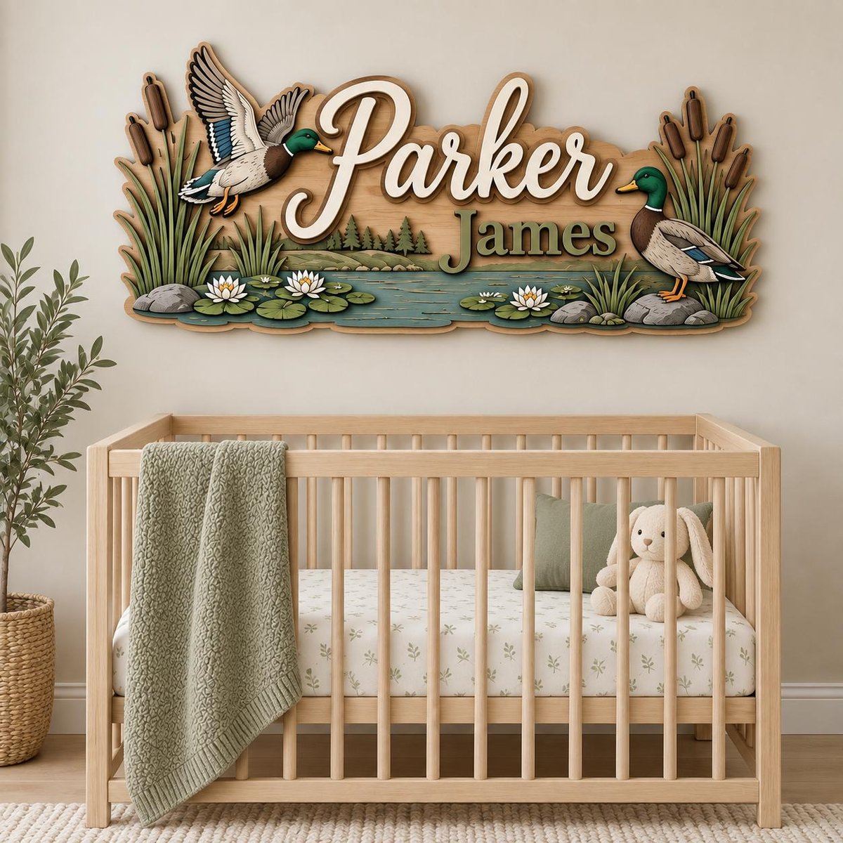 May include: A wooden wall sign featuring the name Parker James in raised lettering, decorated with two mallard ducks, cattails, and water lilies on a pond scene. The sign has a natural wood finish with green and blue painted details.