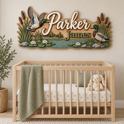 May include: A wooden wall sign featuring the name Parker James in raised lettering, decorated with two mallard ducks, cattails, and water lilies on a pond scene. The sign has a natural wood finish with green and blue painted details.