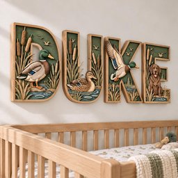 Personalized Duck Hunting Nursery Name Sign, 3D Wooden Mallard Duck Letters, Hunting Dog Baby Boy Room Wall Decor, Woodland Baby Shower Gift image 2