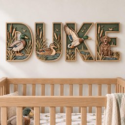 Personalized Duck Hunting Nursery Name Sign, 3D Wooden Mallard Duck Letters, Hunting Dog Baby Boy Room Wall Decor, Woodland Baby Shower Gift image 3