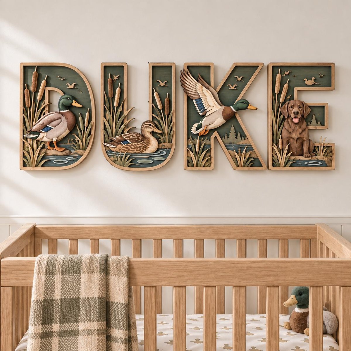 Personalized Duck Hunting Nursery Name Sign, 3D Wooden Mallard Duck Letters, Hunting Dog Baby Boy Room Wall Decor, Woodland Baby Shower Gift image 1