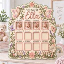 May include: A decorative wooden baby milestone photo frame featuring the text First Year of Ella, with twelve rectangular slots for monthly photos. The frame is adorned with pastel-colored butterflies, flowers, and vines, and includes a small sign reading Little Moments Big Love.