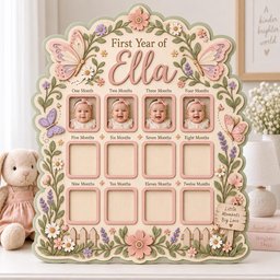 May include: A decorative wooden baby photo frame titled First Year of Ella with twelve square openings. The frame features pastel floral motifs, butterflies, and a small sign reading Little Moments Big Love. Four photos of an infant are displayed.