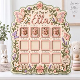 May include: A wooden baby milestone photo board titled First Year of Ella with twelve rectangular frames. The board features pastel-colored floral, butterfly, and vine decorations, with the text Little Moments Big Love on a small sign at the bottom.