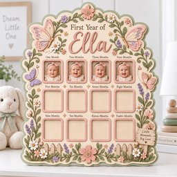 May include: A decorative wooden photo frame for a baby's first year, featuring the name Ella and twelve rectangular slots. The frame is adorned with pastel-colored butterflies, flowers, and greenery. It includes text labels for each month.