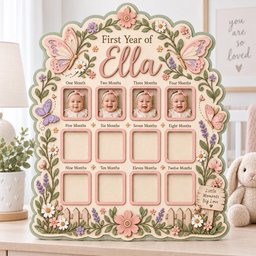 May include: A wooden baby milestone photo board titled First Year of Ella with twelve square frames. The board features pastel-colored butterflies, flowers, and vines. It includes text labels for each month and a small sign reading Little Moments Big Love.