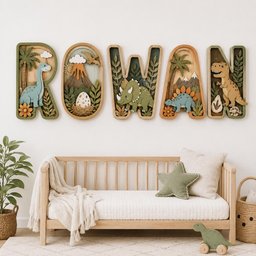 May include: A set of five wooden wall letters spelling the name ROWAN, each featuring layered 3D cutouts of dinosaurs, palm trees, a volcano, and foliage in shades of green, brown, and tan, displayed as decorative wall art above a wooden bench.