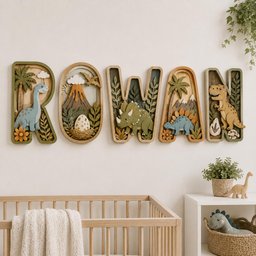 May include: A set of five wooden wall letters spelling the name ROWAN, featuring layered 3D dinosaur and prehistoric landscape designs in shades of green, brown, and tan, including a long-necked dinosaur, a volcano, a triceratops, and a T-Rex.