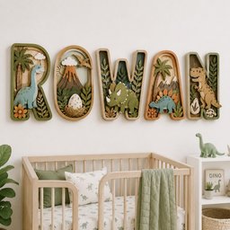 May include: Five wooden wall letters spelling ROWAN, each featuring layered 3D prehistoric scenes. The R contains a long-necked dinosaur, O a volcano and egg, W a triceratops, A a stegosaurus, and N a T-Rex, all in shades of green, brown, and tan.