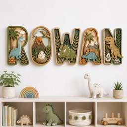 May include: Five wooden wall letters spelling ROWAN, each featuring layered 3D dinosaur and prehistoric landscape scenes in shades of green, brown, and tan. The letters include depictions of a long-necked dinosaur, a volcano, a triceratops, and a T-Rex.